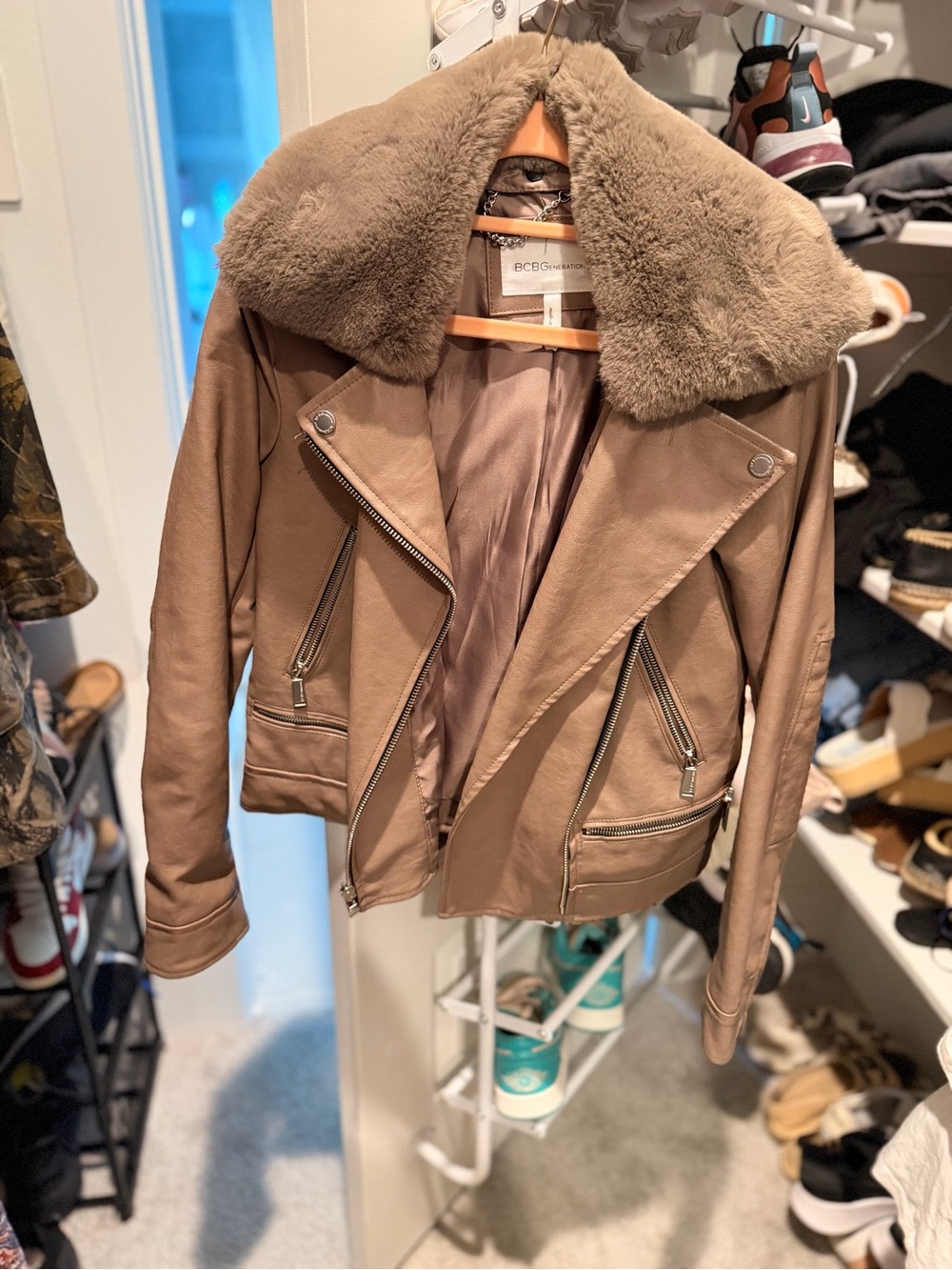 BCBGMaxAzria Taupe Faux-Shearling Collar Leather Moto Jacket